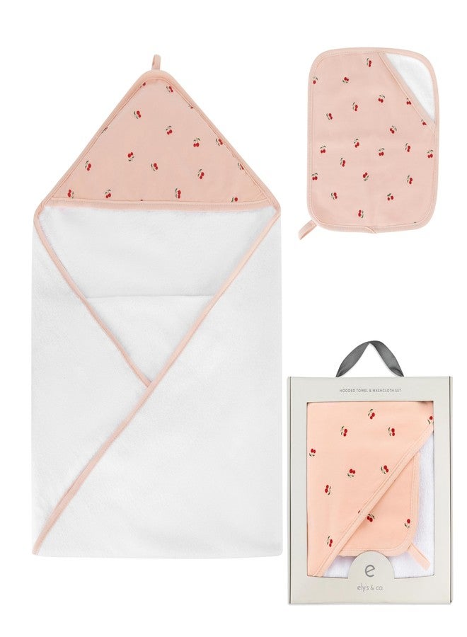 Ely's & Co. Baby Hooded Towel and Wash Cloth Set, Thick Absorbent 100% Cotton Terry, for Newborn Baby Girl, Bath Towel 35”x35” with Pocketed Wash Cloth 10”x10” (Red Cherry Collection) - Image 1